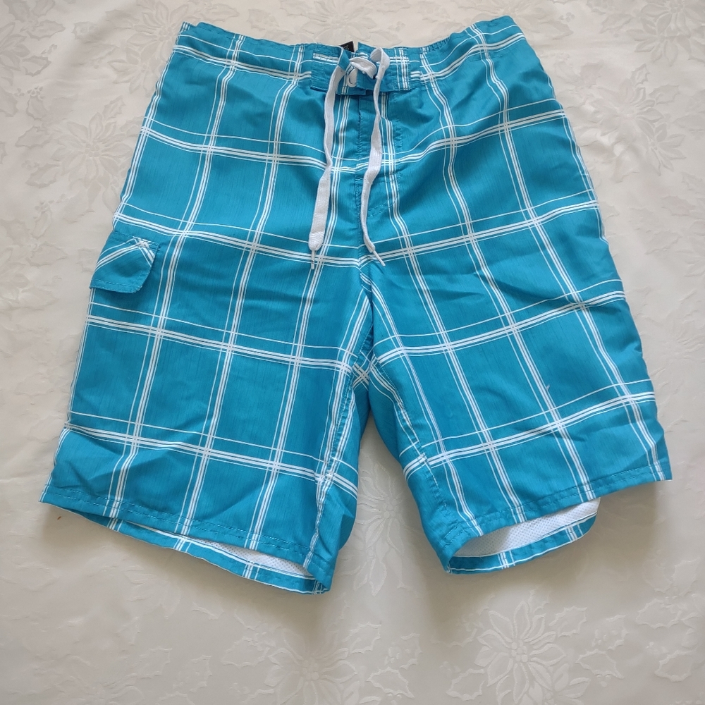 Ocean Pacific turquoise plaid swim shorts lined